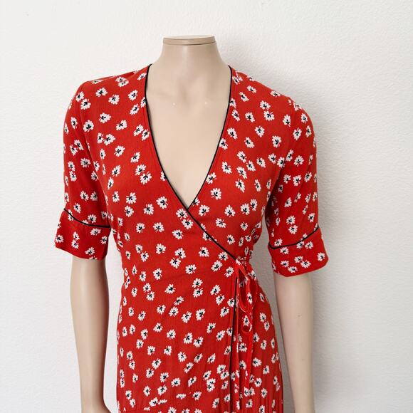 [Ganni] Silvery Crepe V-Neck Floral Print Wrap Red Apple Maxi Dress Size Large L - Picture 4 of 14